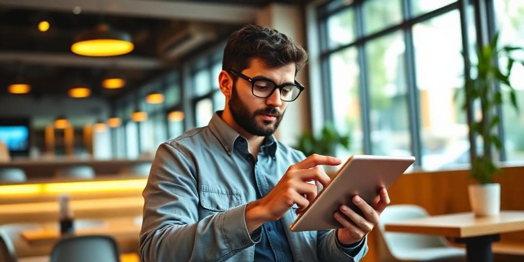 UK business owner reviewing AI personal assistant conversations on a tablet