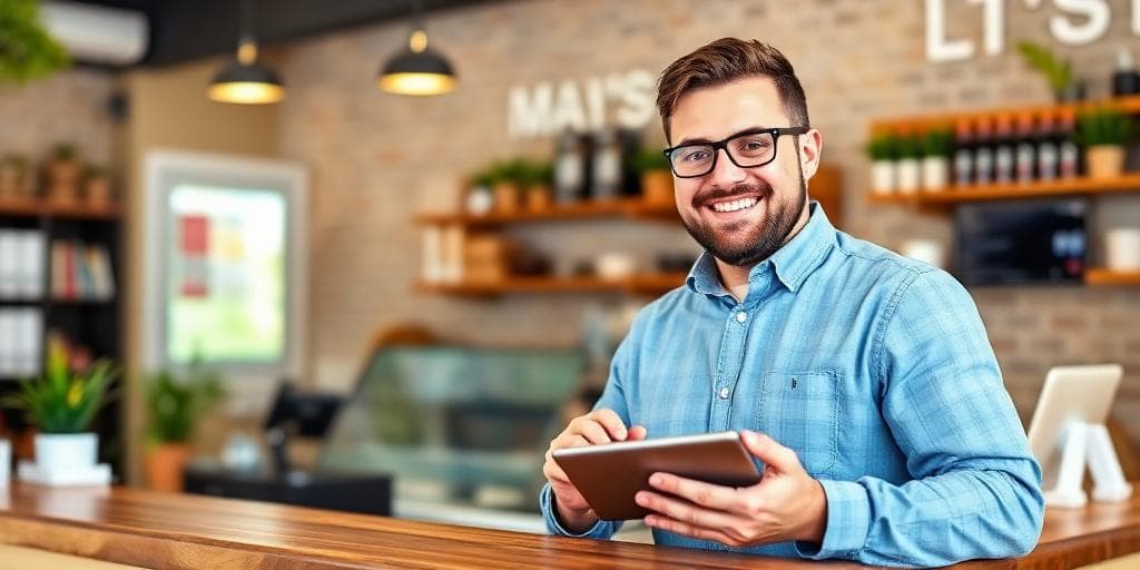 Happy small business owner in Newcastle using AI chatbot for leads