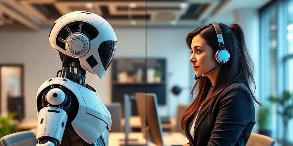 Split screen comparing AI chatbot and human live chat agent