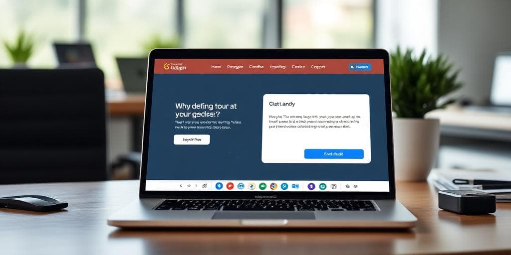 Website chatbot widget on laptop screen in modern UK office