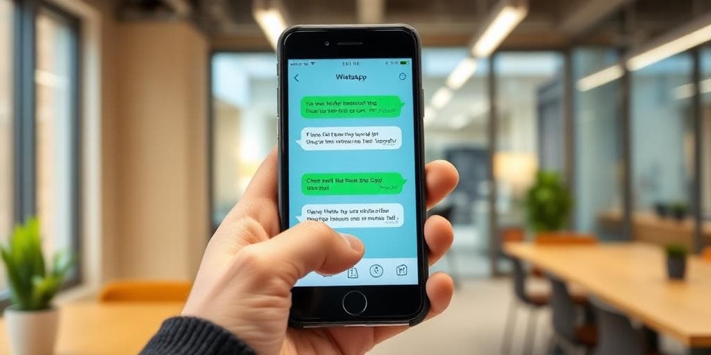 WhatsApp business messaging on smartphone in modern UK office