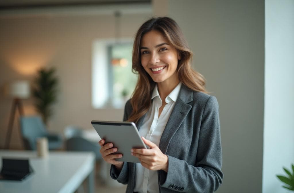 Professional showing AI chatbot setup on tablet